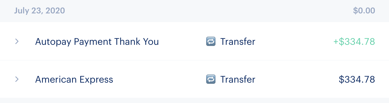 We are shown two ends of a credit card payment on the transaction screen, with both transactions labeled as Transfers